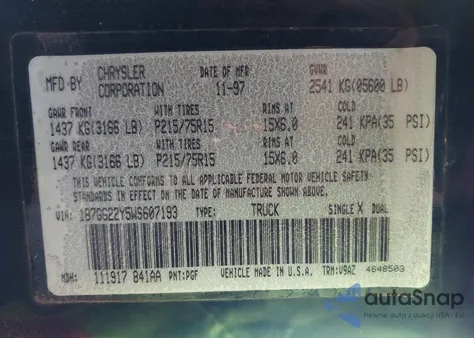 1998 Dodge Dakota Slt/Sport z USA, uszkodzony, nr VIN 1B7GG22Y5WS607193